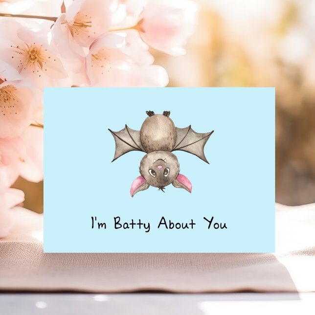 Funny I'm Batty About You Valentine Watercolor Bat Card (Creator Uploaded)