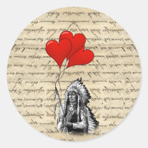 Funny Indian chief and heart balloons Classic Round Sticker