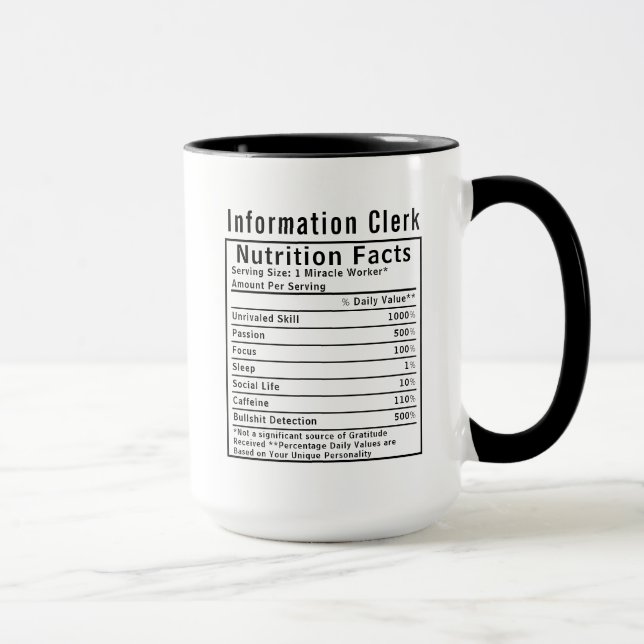Funny Information Clerk Nutrition Facts Staff Gift Mug (Right)