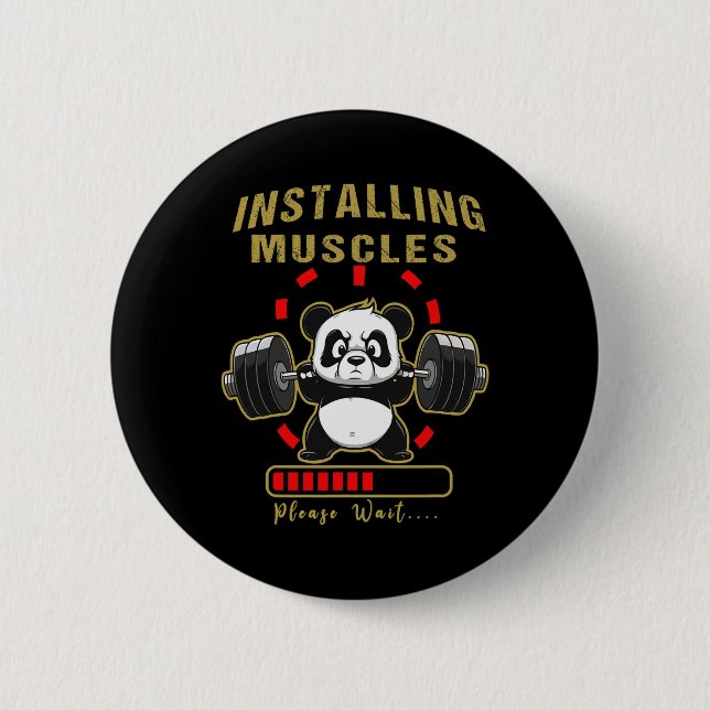 Funny Installing Muscle Panda Weight Lifting Barbe 6 Cm Round Badge (Front)
