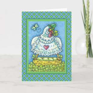 FUNNY IRISH HEN, GREEN EGGS AND SHAMROCKS CUTE HOLIDAY CARD