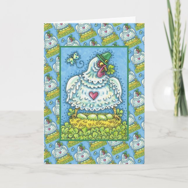 FUNNY IRISH HEN, GREEN EGGS AND SHAMROCKS CUTE HOLIDAY CARD (Front)
