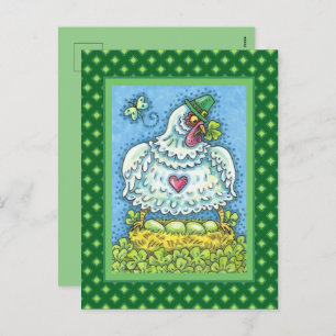 FUNNY IRISH HEN, GREEN EGGS AND SHAMROCKS CUTE HOLIDAY POSTCARD