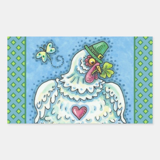 FUNNY IRISH HEN, GREEN EGGS AND SHAMROCKS CUTE RECTANGULAR STICKER (Front)