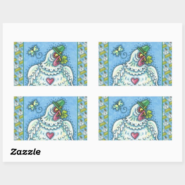 FUNNY IRISH HEN, GREEN EGGS AND SHAMROCKS CUTE RECTANGULAR STICKER (Sheet)