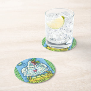 FUNNY IRISH HEN, GREEN EGGS AND SHAMROCKS CUTE ROUND PAPER COASTER
