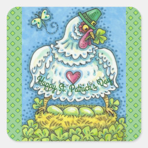 FUNNY IRISH HEN, GREEN EGGS AND SHAMROCKS CUTE SQUARE STICKER