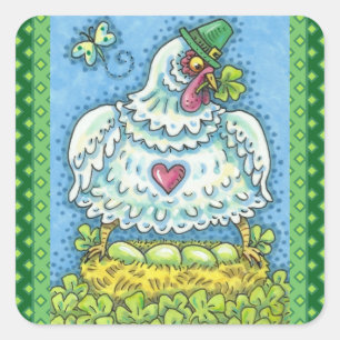 FUNNY IRISH HEN, GREEN EGGS AND SHAMROCKS CUTE SQUARE STICKER