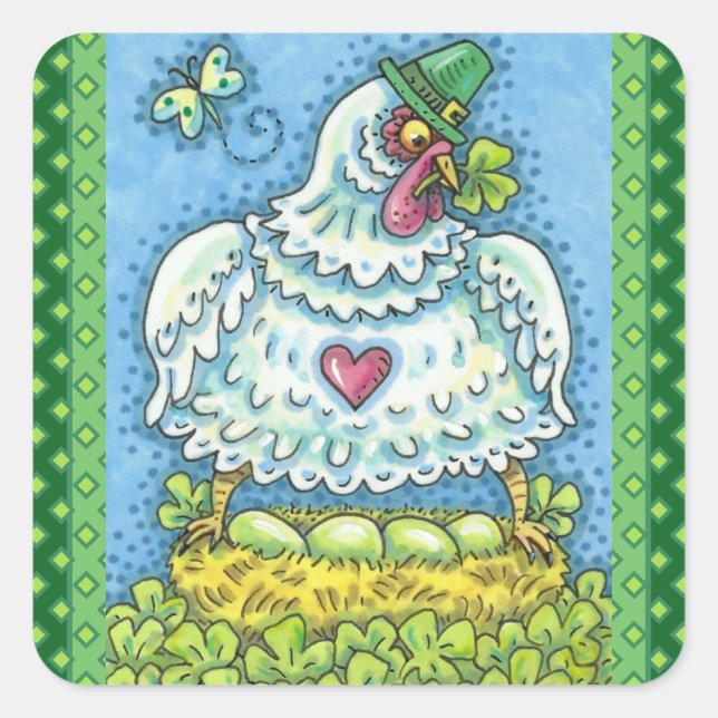 FUNNY IRISH HEN, GREEN EGGS AND SHAMROCKS CUTE SQUARE STICKER (Front)