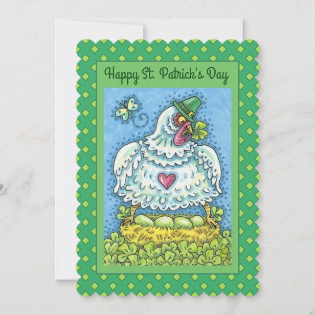FUNNY IRISH HEN, GREEN EGGS AND SHAMROCKS Flat Holiday Card (Front)