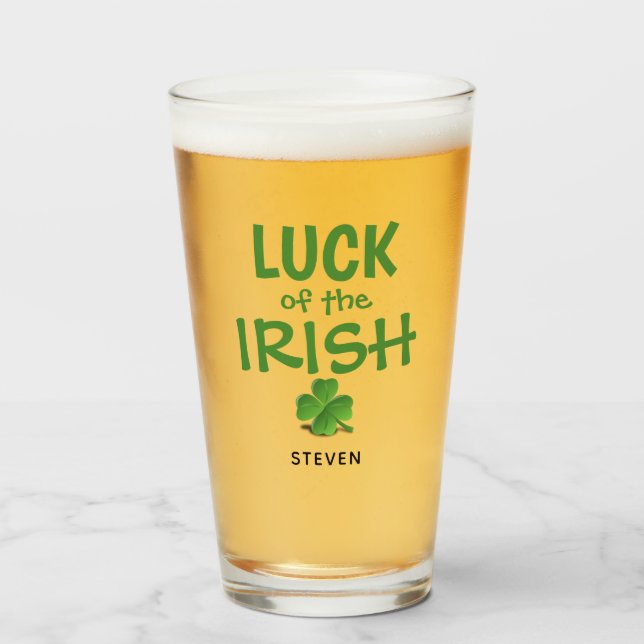 Funny Irish Luck Green Shamrock Personalised Beer Glass (Front Filled)