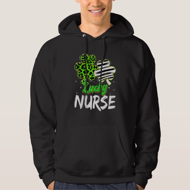 Funny Irish Nurse St Patricks Day Leopard Glitter  Hoodie (Front)