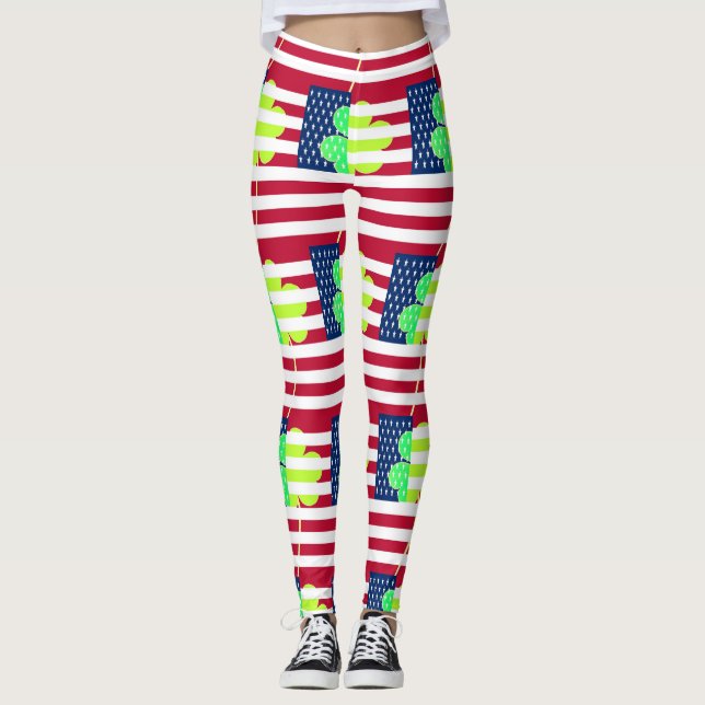 Funny Irish Shamrock American Flag St. Patrick Leggings (Front)