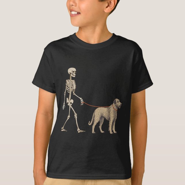 Funny Irish Wolfhound Skeleton Dog Walking T-Shirt (Front)