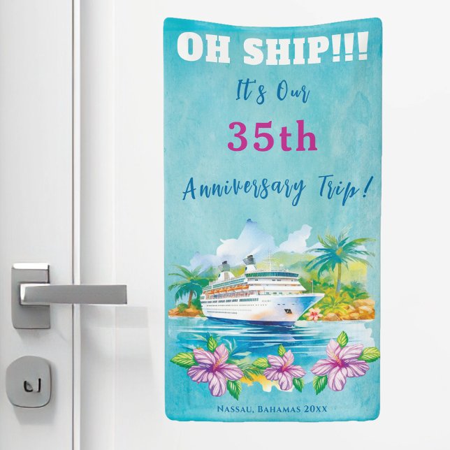 Funny Island Beach Anniversary Cruise Ship Door Banner (Anniversary Cruise Cabin Door Banner. Funny features watercolor ship and floral art. )