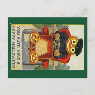 Funny jack-o-lantern in a car Halloween postcard