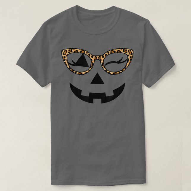 Funny Jack O Lantern Pumpkin Face Hallowen Leopard T-Shirt (Design Front)