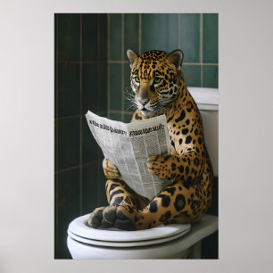 Funny Jaguar Bathroom Print, Reading Newspaper on Poster