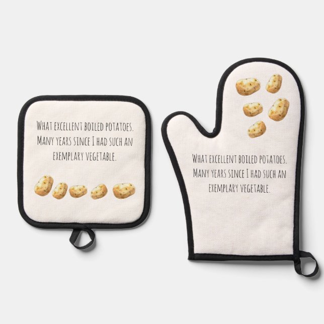 Funny Jane Austen Inspired Boiled Potato Quote Oven Mitt & Pot Holder Set (Front)