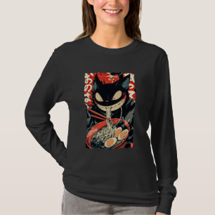 Funny Japanese Art Anime Mad Black Cat Eating Rame T-Shirt