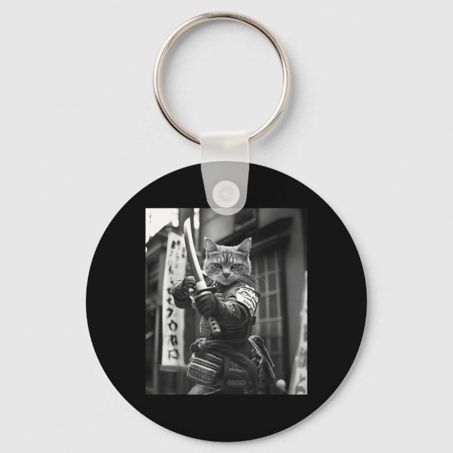 Funny Japanese Samurai Cat Meme Martial Arts Dad Key Ring (Front)