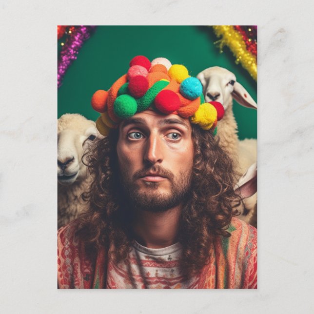 Funny Jesus and Sheep at a Colourful Birthday Part Postcard (Front)
