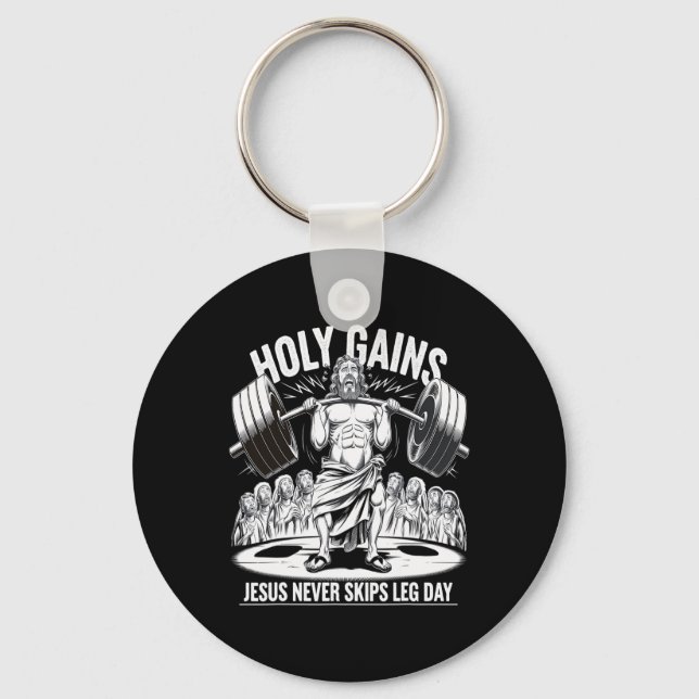 Funny Jesus Never Skips Leg Day Christian Gym Body Key Ring (Front)