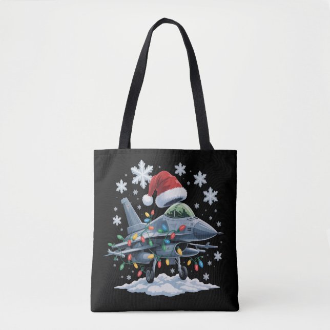 Funny Jet Fighter Military Christmas Holiday Xmas Tote Bag (Front)