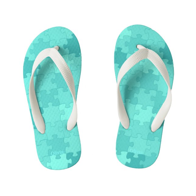 Funny Jigsaw Puzzle Pattern Add Name Turquoise Kid's Jandals (Footbed)