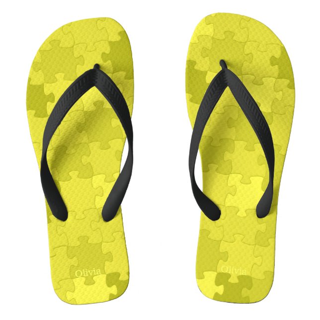 Funny Jigsaw Puzzle Pattern Add Name Yellow Green Jandals (Footbed)