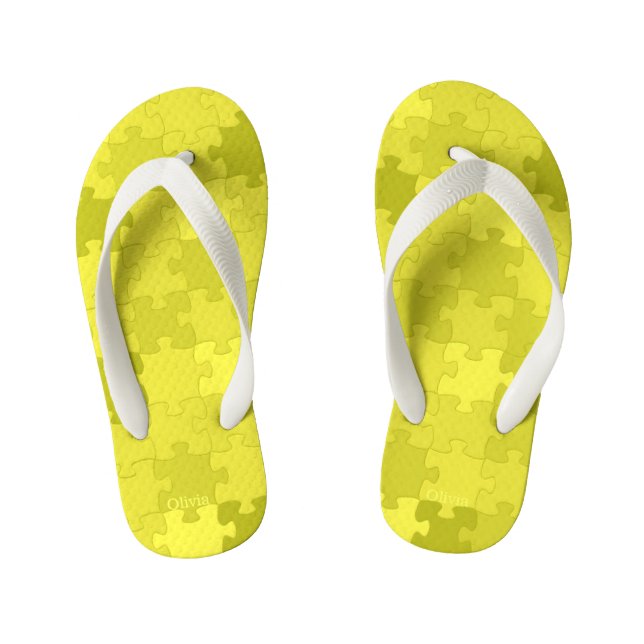 Funny Jigsaw Puzzle Pattern Add Name Yellow Green Kid's Jandals (Footbed)
