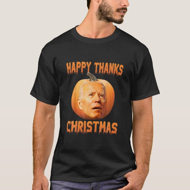 Funny Joe Biden Confused Anti Biden Pumpkin Happy T-Shirt (Front)