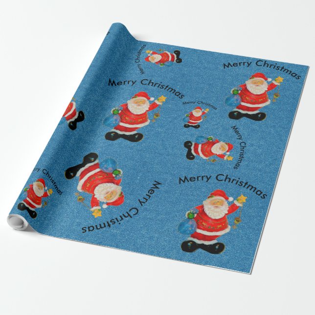 Funny Jolly Santa Claus Father Christmas Blue Wrapping Paper (Unrolled)
