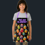 Funny Joyful Jumping Jars of Jubilant Jam Apron<br><div class="desc">Add a touch of whimsy to the kitchen (and pay homage to the home canning experience) with this apron, which features a repeating pattern of AI-generated funny joyful jumping jars of colourful and jubilant jam, accompanied by the original meme, "The Jam is Jumpin!" or personalise with your desired funny/food-themed tagline....</div>