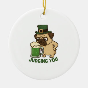 Funny Judging Pug St. Patrick's Day Green Beer Ceramic Tree Decoration