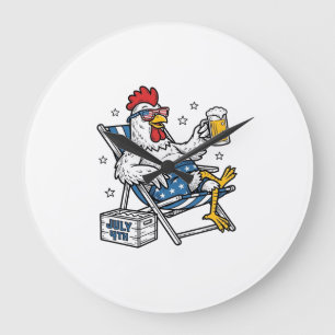 Funny July 4th Chicken Beer Patriotic Shirt Design Large Clock