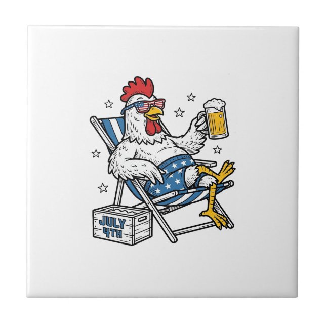 Funny July 4th Chicken Beer Patriotic Shirt Design Tile (Front)
