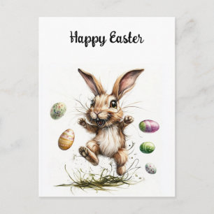 Funny Jumping Bunny Watercolor Easter Art Postcard