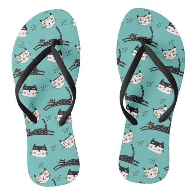 Funny Jumping Cat Faces on Teal Jandals (Footbed)