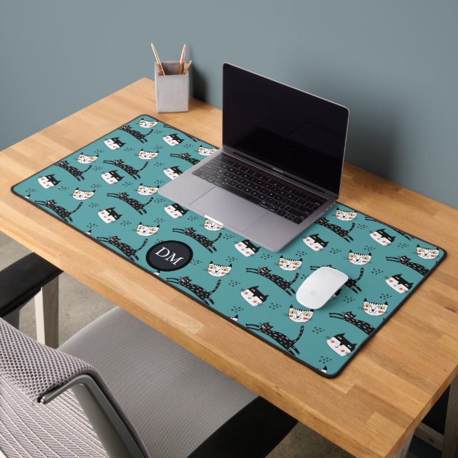 Funny Jumping Cat Faces on Teal Monogram Desk Mat (Office 2)