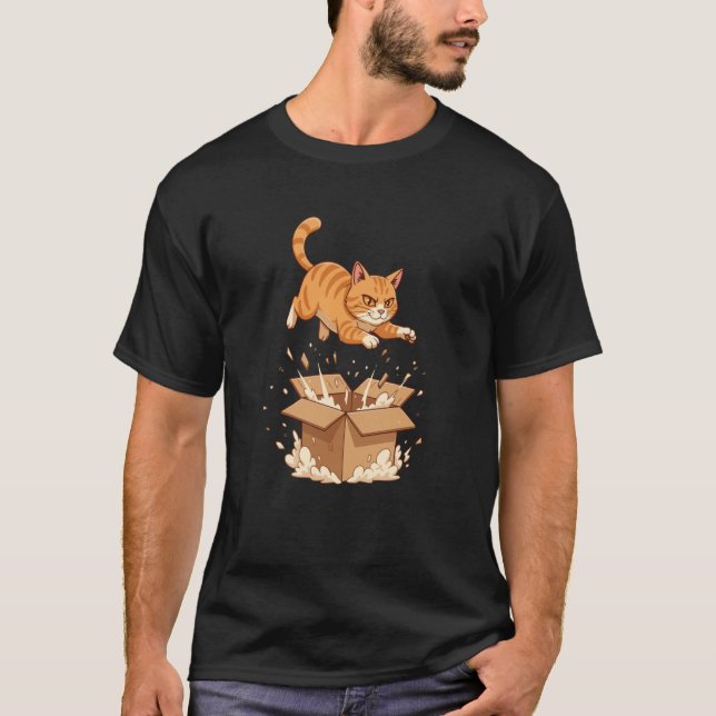 Funny Jumping Cat Over Exploding Cardboard Box T-Shirt (Front)