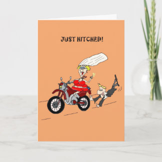 Funny Just Hitched Wedding Card – Motorcycle Bride