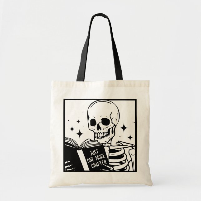 Funny Just One More Chapter Bookish Skeleton Tote Bag (Front)
