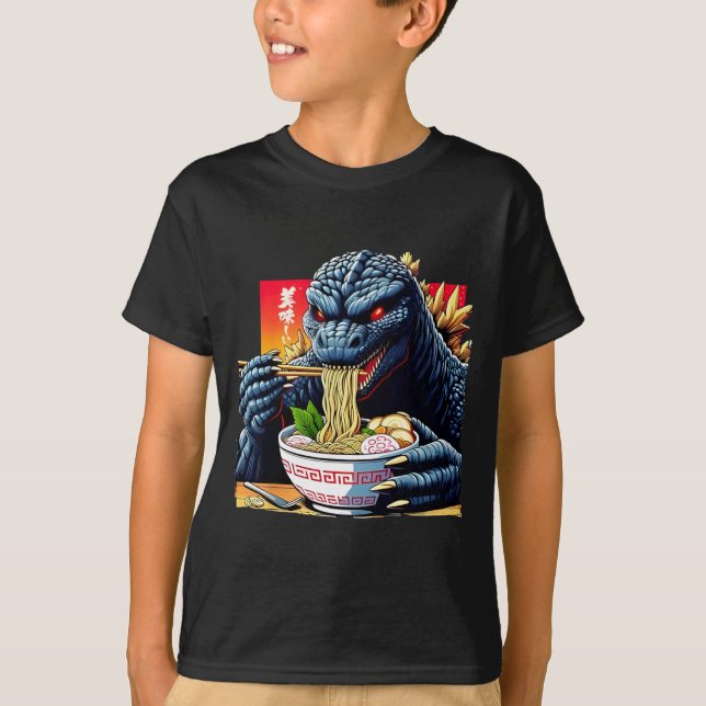 Funny Kaiju Eating Ramen Japanese Monster Lover Bi T-Shirt (Front)