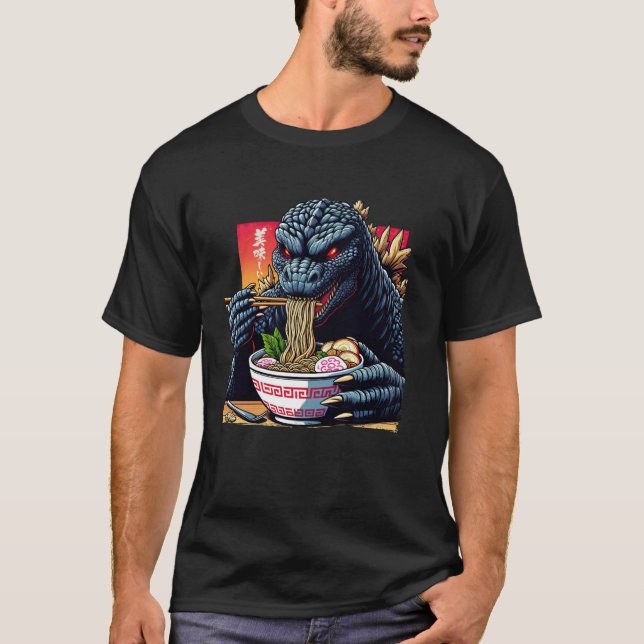 Funny Kaiju Eating Ramen Japanese Monster Lover Bi T-Shirt (Front)