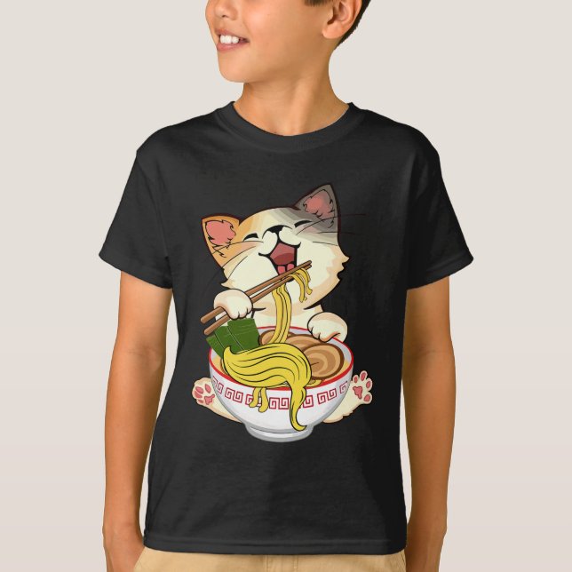 Funny Kamala Anime Cat Eating Ramen Trump Noodles  T-Shirt (Front)