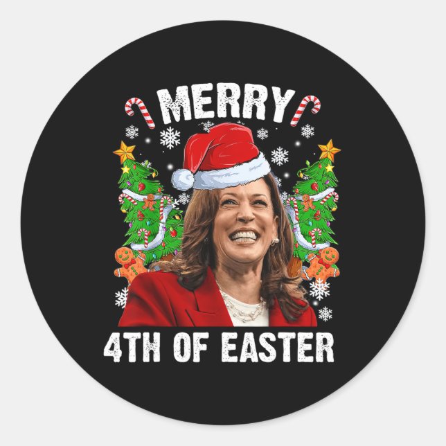 Funny Kamala Harris Christmas Santa Hat Merry 4th  Classic Round Sticker (Front)