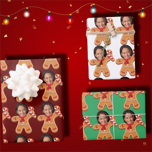 Funny Kamala Harris Face Photo Gingerbread Xmas Wrapping Paper Sheet (Creator Uploaded)