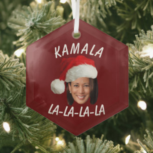 Funny Kamala Harris Face Santa Hat Christmas  Glass Tree Decoration