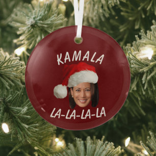 Funny Kamala Harris Face Santa Hat Christmas  Glass Tree Decoration